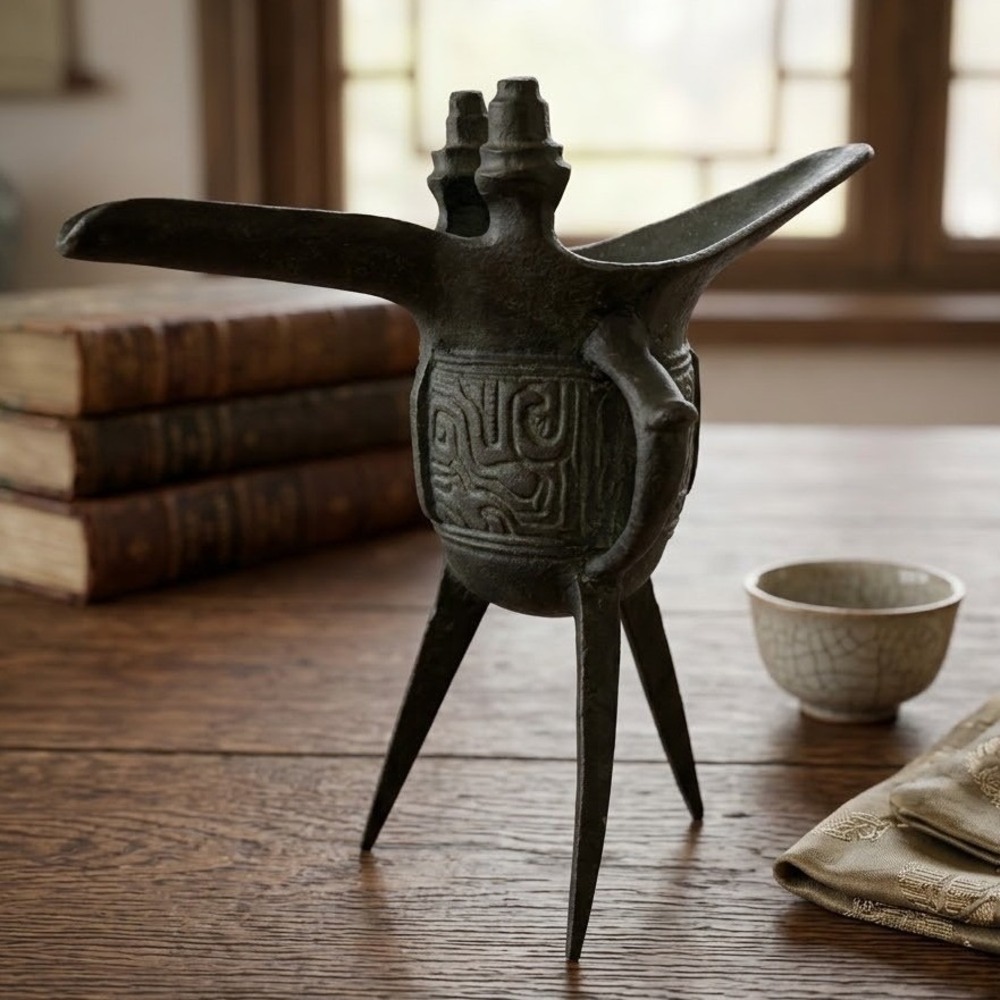 Vintage Chinese Bronze Jue Ritual Wine Vessel Tripod Cup Taotie Relief 6.5in